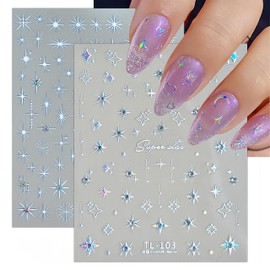 Glitter Diamond Stars Nail Art Stickers 3D Self-Adhesive Crystal Silver Decals Luxury with Rhinestones Stars Charms Design Stickers for Women DIY Manicure Decorations