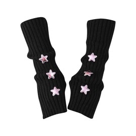 HugeDE 1 Pair Cute Star Arm Warmers Winter Fingerless Warm Arm Sleeves Elbow Length Mittens Long Thumb Hole Gloves Knitted Wrist Warmers for Women Girls Black
