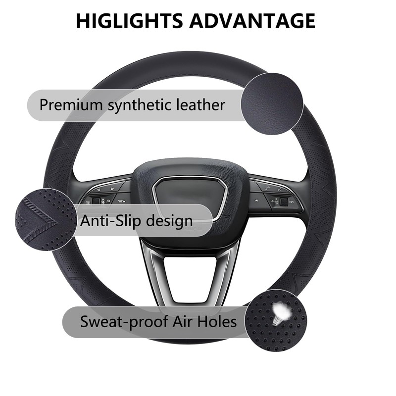 Universal Black Steering Wheel Cover, 14.5-15 Inch Black Universal Microfiber