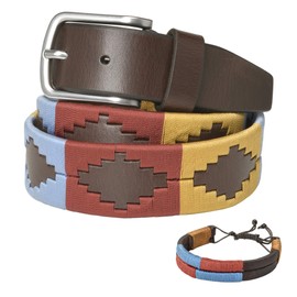 PELPE Argentine Leather Belt with Matching Cord and Leather Wristband Embroidered Leather Belt for Men and Women Argentine Polo Belt