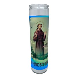 Veladora de rezo San Francisco de Asis hermosa oración al reverso en español, blanca sin essencia 14 onzas