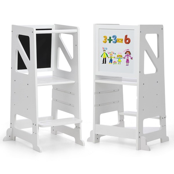 Kids Kitchen Step Stool White Toddler Tower with Chalkboard & Whiteboard,Adjustable Height Learning Tower Toddler Kitchen Stool,Anti-Slip Protection,for Bathroom & Kitchen Counter