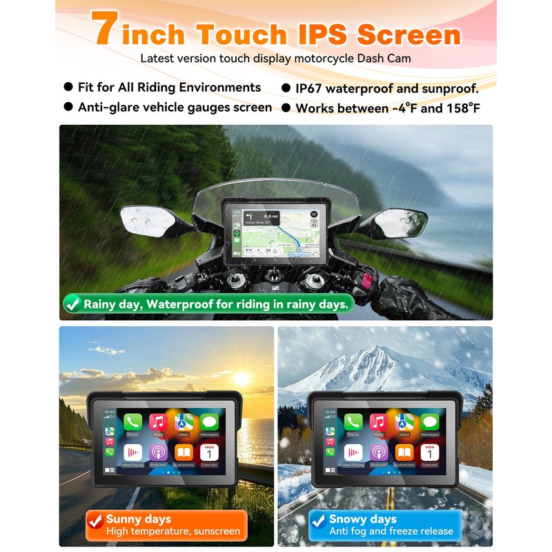 YHTIMIOX Motorcycle CarPlay Screen, 7 Inch Waterproof Touchscreen, Portable Carplay