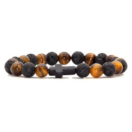 Fusamk Fashion Yoga Natural Stone Bracelet Religious Cross Beads Link Bracelet.7.5" Wrist (Black Cross/Lava/Tiger Eye)
