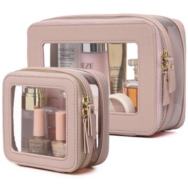 Pinkmik Clear Makeup Bag with Zipper Waterproof Travel Makeup Set for Cosmetics and Toiletries Women's Purse Organizer and Car Essentials (Pink, M+MINI)