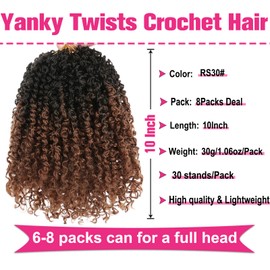 Unionbeauty 10 Inch Pre-twisted Yanky Twists Crochet Braids Hair 8PCS Pre-looped Ombre Brown mini Senegalese Twist Micro Passion Twist Crcochet Hair with Curls Synthetic Crochet Hair Extensions 1B/30#