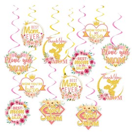 12 PCs Mothers Day Hanging Swirl Decorations with Heartfelt Message Banners - Vibrant Ceiling & Wall Decor FeaturingBest Mom Ever Quotes, Perfect for Birthday Brunch, Family Party