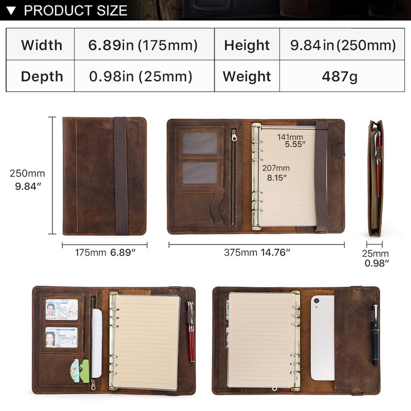 Contacts Full Grain Leather A5 Binder Portfolio 6 Ring Binder