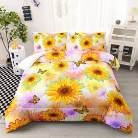 XYNHML Sunflower Flying Butterfly Comforter Twin Size Yellow Purple Tie Dye Bedding Butterfly Quilt Bed Set for Girl Boy Adult with 2 Pillowcases