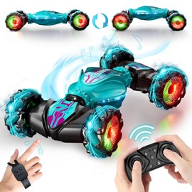 IKIDSUN Remote Control Cars, Gesture Sensing Rc Stunt Car with Light & Music, 2.4GHz 4WD Hand Controlled Stunt Car for Kids, 360° Rotation Remote Control Twist Cars Gifts for Boys Girls Age 8+, Green