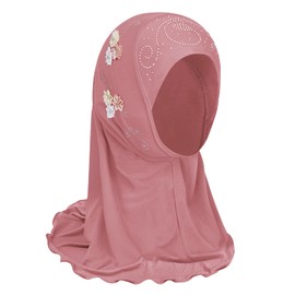 Girls Ice Silk Muslim Khimar Hijab Headscarf Flower Arab Scarf Shawls Stretch Turban Neck Wrap Islamic Head Wrap for Age 2-7 Years Girls