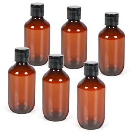 TRENDBOX Travel Size Amber Bottles with Flip Cap - 6 Pack 3.4oz Leak Proof Dispenser Containers for Toiletries, Essential Oils & Shampoo - Set of Small Empty Plastic Bottles