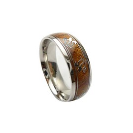 Island Sense Natural Hawaii Koa Wood Stainless Steel With Tribal Turtle Honu Design Curved Top 8mm Wide Comfort Fit Wedding Band, Engagement, or Promise Aloha Ring (10)