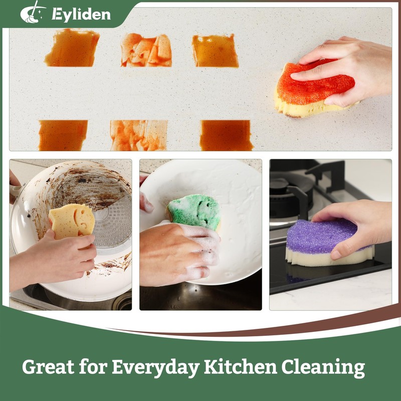 Eyliden 6 Pack Kitchen Scrub Sponges, Dual-sided Dish Scourers for
