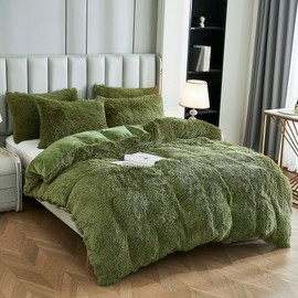 Uhamho Luxury Fluffy 1PC Solid Duvet Cover Faux Fur Plush Shaggy Quilt Cover Velvet Bedspread Zipper Closure, No Pillow Sham, No Comforter (Sage, Twin)