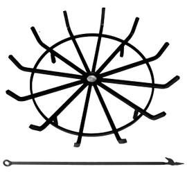 Americangaslogs Inch Fire Pit Grate with Poker Wrought Iron Fire Pit Round Spider Wagon Wheel Firewood Heavy Duty 0.9in Bar Fireplace Stove Burning Rack Holder 4Legs (32 Inch)