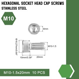 QUARKZMAN Pack of 10 M10-1.5 x 20 Hex Socket Cap Screws 304 Stainless Steel Hex Socket Cap Screw for Road Bike Mountain Bike Car Motorcycle