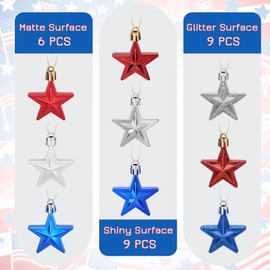 24 Pcs Star Hanging Ornaments Set, Independence Day Stars Shaped Mini Tree Ornament for Fourth of July Home Indoor Outdoor Party Decorations, 3 Assort Styles, Silver Blue Red