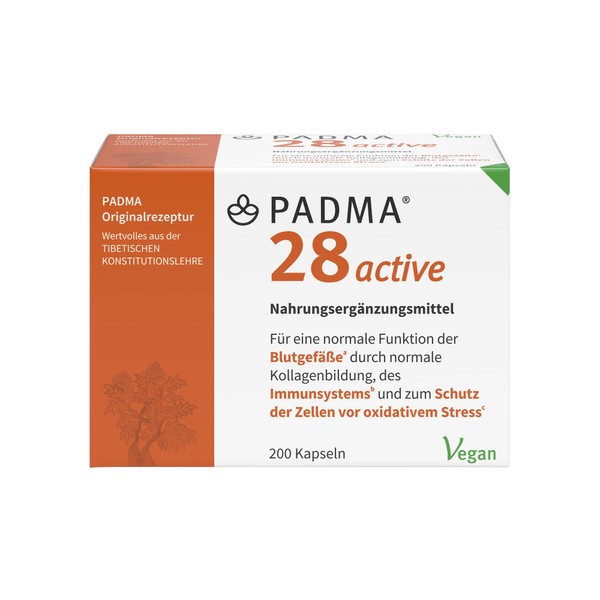 PADMA 28 active 200 Caps. Tibetan Formula 28 of Herbs & Minerals + Vitamin C. It supports an active immune system, blood vessels, regeneration and protection against oxidative stress