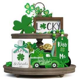 St. Patrick's Day Tiered Tray Decor set - 5 Pcs Shamrock Wooden Signs Lucky Decor Bead Garland, St. Patricks Day Decorations for Home Kitchen Table Party Decorations