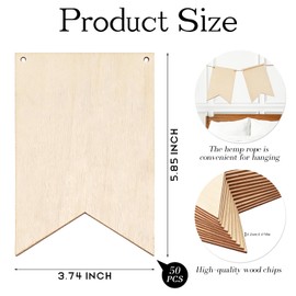 50 Pack Unfinished Blank Wood Signs Wooden Blocks for Crafts with Hemp Rope Wood Cutouts Plaques Flag Ornament for DIY Crafts Painting Writing Wall Decorations