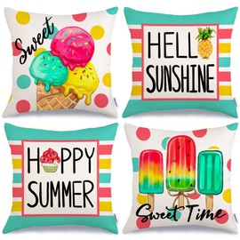 GEEORY Summer Pillow Covers 20x20 Inch Set of 4, Icecream Hello Sunshine Happy Summer Farmhouse Decorative Throw Pillowcases for Home Sofa Couch Decoration G709-20