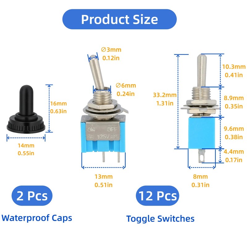 12 Pcs Mini Toggle Switch SPST with 2 Pcs Waterproof