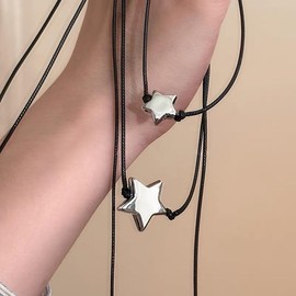 Dainty Star Cord Rope Simple Choker Necklace for Women Fashion Vintage Trendy Classic Star Y Necklaces Adjustable Long Chain Christmas Party Jewelry (Black, One size)