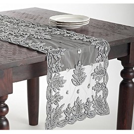 Fennco Styles Lakshmi Collection Elegant Hand Beaded Table Runner 16 x72 Inch - Pewter Table Cover for Home Decor, Banquets and Special Occasions