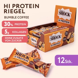 FitnesSHOCK Proteinriegel Set mit hohem 30% 12g Proteingehalt Eiweißriegel ohne Zuckerzusatz mit 5g Kollagen low carb ballaststoffreich kalorienarm Bumble Coffee Geschmack 12Stk 40g