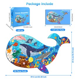 Ocean World Whale Jigsaw Puzzle for Kids, 108 Pieces Jigsaw Puzzle with Large Pieces for Kids Age 4 5 6 7 8 9 10 Years
