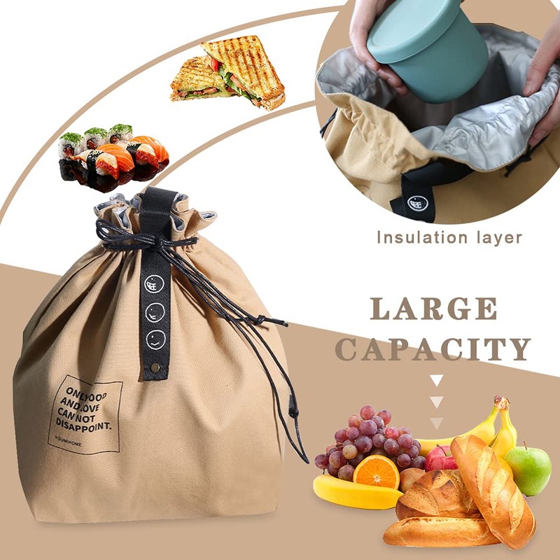LELE LIFE Insulated Canvas Lunch Bag with Drawstring Wide Open