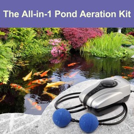 AquaMiracle All-in-One Koi Pond Aerator for Outdoor Pond up to 1000 Gallons, Air Pump Aeration Kit with 2 Outlets Air Stones Airline Tubing Check Valves