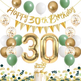 30th Birthday Decoration Woman Man Decoration 30th Birthday Avocado Green, 30th Birthday Green White Gold Balloons with Banner Decorations, Confetti 30th Birthday Decoration for Woman Man
