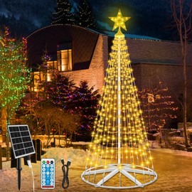 Outdoor Solar Christmas Cone Tree Lights, 8ft 442 LED Christmas Tree LightShow with 8 Modes Timer Remote, Lighted Artificial Tree USB Charge for Xmas Yard Porch Patio Party Holiday Decor, Warm White