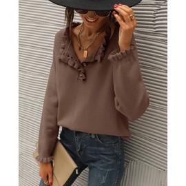 BTFBM 2024 Womens Sweaters Fall Winter Outfits Long Sleeve Button Down Ruffle Crew Neck Casual Knitted Pullover Tops(Solid Brown Camel, Medium)