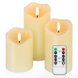 Warmhere Flickering Flameless LED Candles, Realistic Fake Candles Battery Operated with Remote and Timer, Ivory Real Wax Pillar Candle for Home Wedding Party Decorations, Set of 3, D 3" H 4" 5" 6"