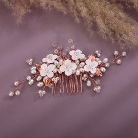 Teyglen Flower Wedding Hair Comb Bridal Leaf Pearl Hair Side Comb Gold Silver Crystal Pearl Hair Pieces Floral Headpieces Hair Accessories for Bride Women Flower Girls (Rose Gold)