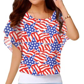 VIISHOW Stylish Stars and Stripes Blouse,Lightweight July 4th Patriotic Shirt, BBQ & Outdoor Celebration,Red Blue Flag,X-Large