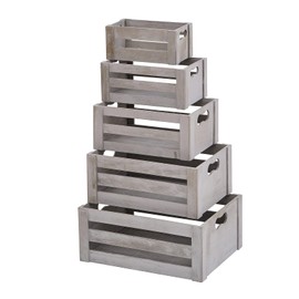 KMwares Set of 5 Vintage Rustic White Grey Wood Decorative Nesting Storage Crates with Open Handles - Multipurpose Wood Crafted Boxes/Bathroom Kitchen,Laundry Crates/Fruits & Vegetables Boxes