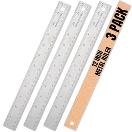1InTheOffice - Regla de metal de 12 pulgadas, acero inoxidable de 12 pulgadas con parte trasera de corcho y agujero para colgar, escala estándar de 1/
