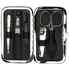 Sonnenschein by Hans Kniebes Manicure Set, 5 Pieces, Nail Scissors, Nail Clippers, Nail File, Tweezers, Double Instrument, Nappa Lambskin Manicure Case, Black