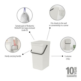 Brabantia Sort & Go Recycling Trash Can 4.2 Gallons (16L)(Light Gray), Space-Efficient Plastic Garbage Can with Handle, Removable and Stay-Open Lid, Easy to Clean Kitchen Bin without Nooks and Rims