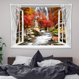 HVEST Autumn Fairy Forest Waterfall Scenery Tapestry Window Forest Animals Rabbit Deer Fox Hippie Wall Hanging Tapestry for Bedroom Bedside Living Room Party Dorm Art Decor,60Wx40H inches