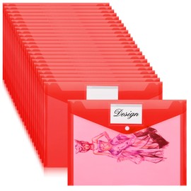Lincia 24 Pcs Plastic Envelopes A4 Size Poly Envelopes Clear Red File Folders Work Document Holder Office Paper Plastic File Organizer with Label Pocket Snap Button Home File Bag for School Business