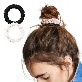 LILYSILK Hair Elastic Silk Scrunchie for Kids, Adults, Small, Brand, 6A, 100% Silk, No Traces, 2-piece Set, Cute, Hair Accessory, Gentle on Hair, Neat, Midi Size, Mother's Day Gift, Gift Black +