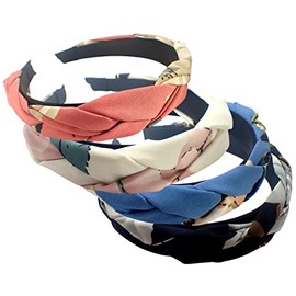 Topkids Accessories Cute, Ditsy, Wide Boho Style Women's & Girls Floral Patterned Fabric Headband Set, Multiple Coloured Pack (Plaited Floral Set 4pc)