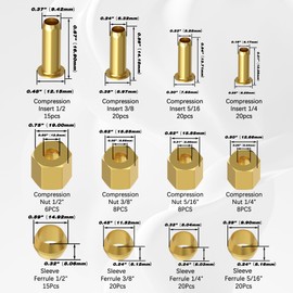 180PCS Compression Fittings Assortment kit - 4 sizes (1/4", 3/8", 5/16", 1/2") of Brass Compression Sleeve Ferrule, Insert and nuts - used to connect lines for air,water,fuel,oil and inert gases