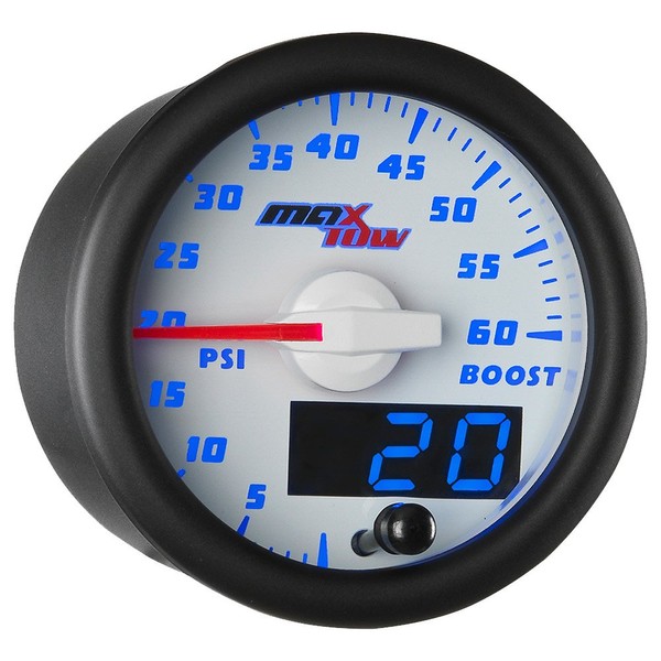 MaxTow Double Vision 60 PSI Turbo Boost Gauge Kit - Includes Electronic Pressure Sensor - White Gauge Face - Blue LED Illuminated Dial - Analog & Digital Readouts - for Diesel Trucks - 2-1/16" 52mm