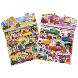 Puffy Stickers Activity Play Set 2 Pack:Construction and Vehicle for Toddlers Boys Kids Travel Activities Reusable Large 3D Stickers with Trucks Tractor Police Car Fire Truck Ambulance.